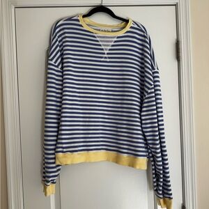 Free People Blue and White Striped Pullover Sweatshirt with Yellow Trim